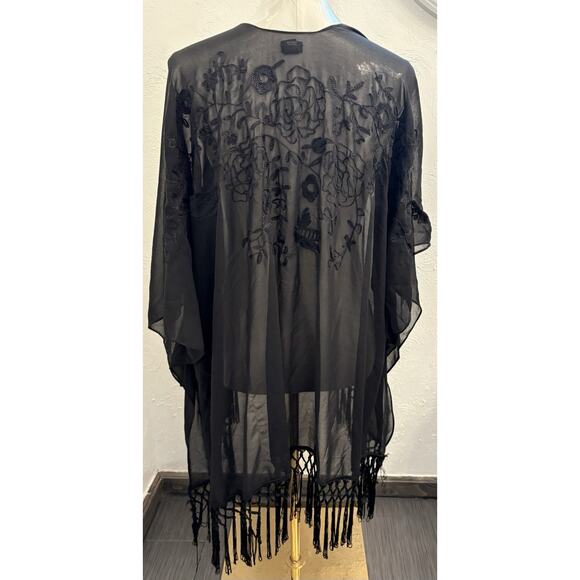 Womens Black Sheer Kimono Style Embroidered Cardigan Witchy Whimsigoth Fringe XL - Picture 4 of 7